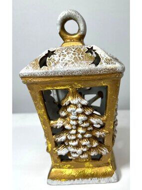 Vintage Gold & White Christmas Lantern With Tree Cutout Design Tea Light
